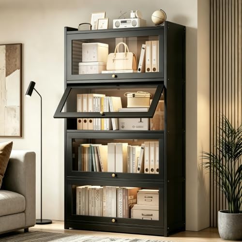 55" Bamboo Bookcases,Book Shelfs with Acrylic Doors,Freestanding Display Storage Shelves for Collectibles,4 Tier Tall Bookshelfs & Bookcases for Living Room Bedroom Home Office by Displaycabinet
