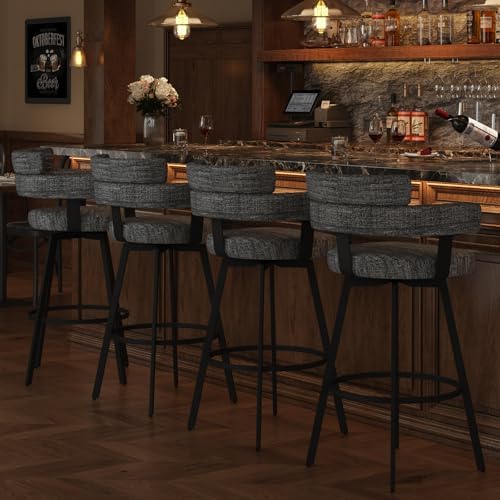 30 Inch Bar Stools Set of 2 with Full Back, Swivel Bar Chairs with Linen Padded Back, Metal Footrest, Modern Bar Height Stools for Kitchen Island, Dining, Living Room, Black - Image 6