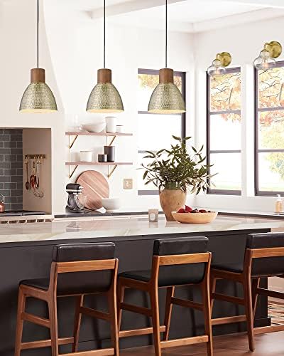 ELYONA Vintage Hammered Pendant Light Fixture, 7” Small Brushed Brass Metal Hanging Light Solid Wood Antique Gold Pendant Lamp for Kitchen Island, Farmhouse, Dining Room, Adjustable Height - Image 6