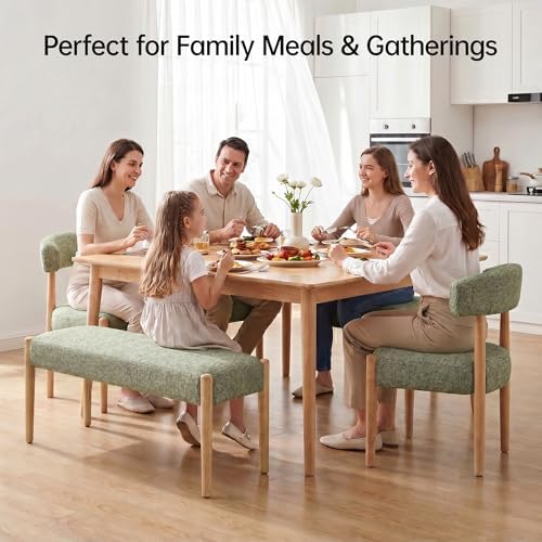 VKNOW Upholstered Dining Room Set for 6, Mid-Century Modern Dining Chairs Set of 4 and Dining Bench with Rubberwood Legs, for Dining Room, Living Room, Kitchen, Green - Image 3