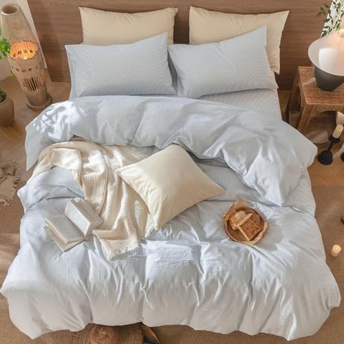MooMee Striped Duvet Cover Set 100% Washed Cotton Linen Like Oversized King - Image 5