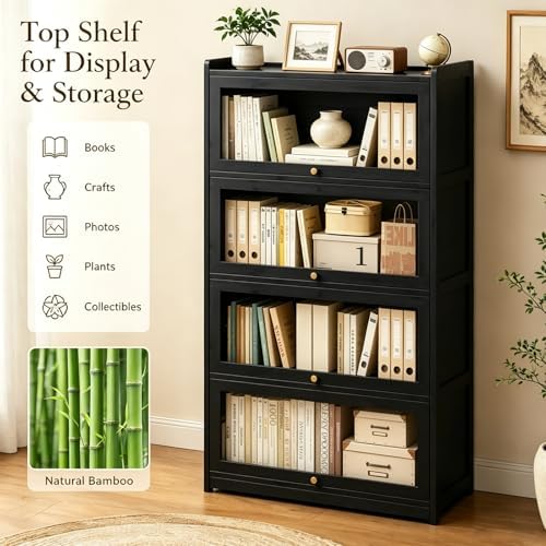 55" Bamboo Bookcases,Book Shelfs with Acrylic Doors,Freestanding Display Storage Shelves for Collectibles,4 Tier Tall Bookshelfs & Bookcases for Living Room Bedroom Home Office - Image 5