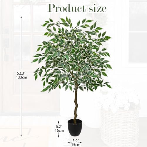 4Ft Ficus Tree Artificial Plants Indoor with Realistic Trunk, Tall Fake Potted Tree Faux Floor Plant, Artificial Tree in Pot for Home Living Room Office Bedroom Corner Decor(Green White) - Image 2