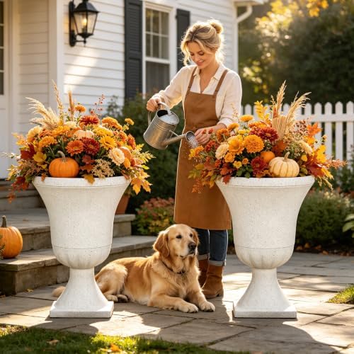 Autodaya 22" Large Urn Outdoor Planters Set of 2, White Terrazzo Plant Pots - Image 4