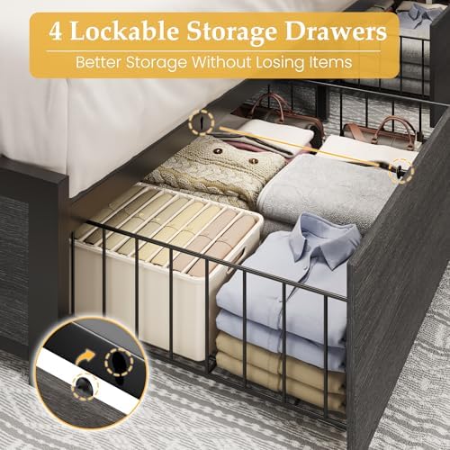Lifezone King Bed Frame with 2-Tier Storage Headboard, Metal Platform Bed Frame with 4 Storage Drawers, Built in Charging Station & LED, Noise-Free/Metal Support/No Box Spring Needed, Rustic Grey - Image 4