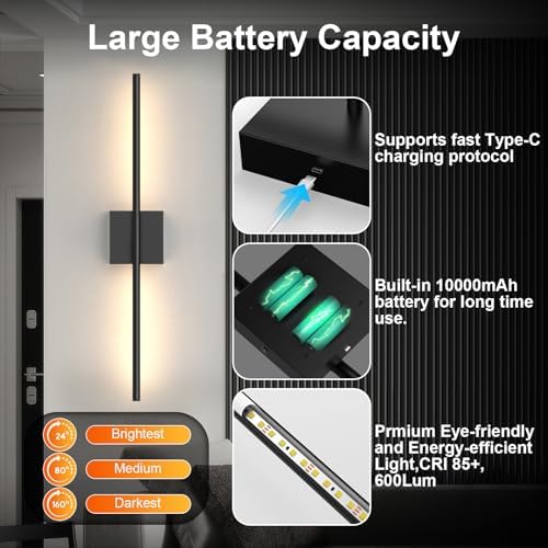 Tartek Battery Operated Wall Sconces Set of Two, Rechargeable Wall Lights with Remote Control, Dimmable 3000K-6000K LED Wall Lamp, 360°Rotate, Long Wireless Sconces for Living Room, Bedroom - Image 3