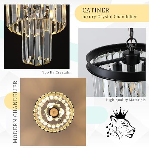 CATINER 12" Modern Crystal Chandeliers,3 Pack Black Round Light Fixture - Image 4
