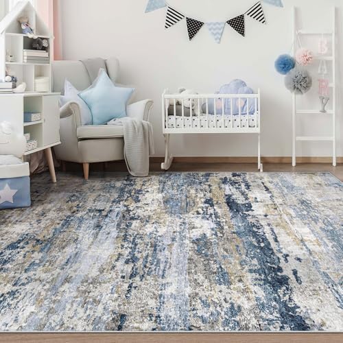 pmtsns Area Rugs 6x9 for Living Room: Washable Rug Modern Abstract Neutral Soft Non-Slip Low-Pile Indoor Carpet for Bedroom Dining Room Playroom Home Office (Blue Grey Brown, 6'x9') - Image 6