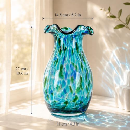 10.6in Hand Blown Blue Glass Vase – Wide Mouth Murano Bubble Art Glass Vase, Cobalt Blue Flower Vase for Coastal, Vintage, Colorful Home Decor, Vase Gift for Mom or Display (Green) - Image 3