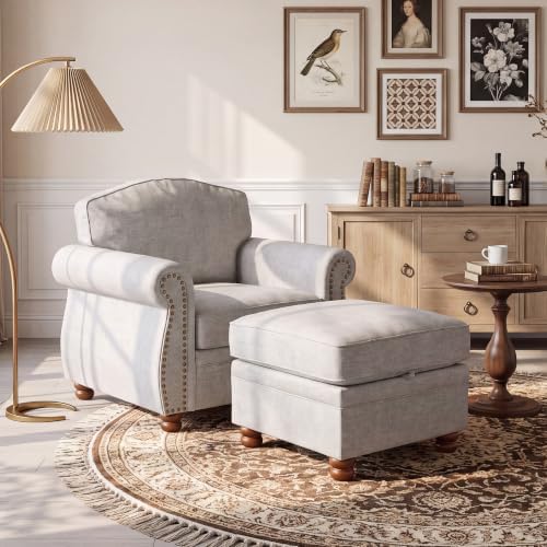 Traditional Accent Chair with Storage Ottoman, 41.3", Chenille, Oatmeal by LANDASSYHOME