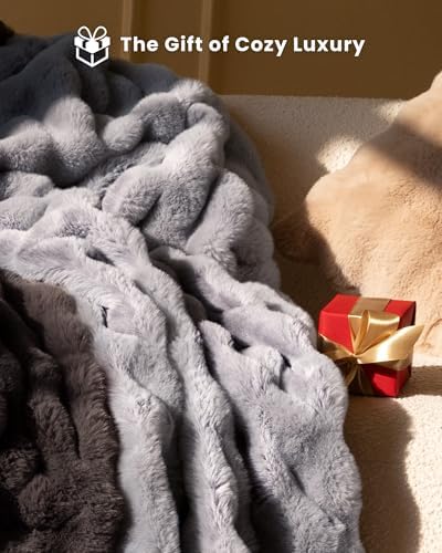 Ultra Soft Cozy Faux Fur Throw Blanket, Fuzzy Plush Thick Bubble Blanket, Oversize Luxury Fluffy Blanket for Couch, Bed, and Living Room, 60x80 Inches, Light Grey - Image 6