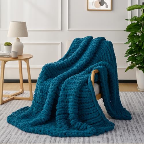 L'AGRATY Chunky Knit Throw Blanket for Couch, 80'' x 90'' Knit Throw, Blue - Image 4