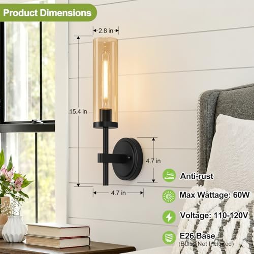MOKATNG Hardwired Wall Sconces Set of Two, Matte Black Bathroom Sconces with Amber Glass, Modern Wall Light Fixtures for Bathroom Mirror Vanity, Living Room, Hallway, Stairway, Cabinet, Foyer - Image 6