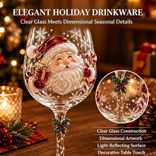 Christmas 3D Wine Glass Collection Gift Box Set, 3D Santa Christmas Wine Glass, Raised Holiday Goblet with Snowflake Decor, Festive Glassware for Wine, Cocktails, Holiday Party & Table Decor (E#) - Image 2
