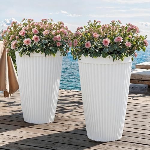 Autodaya 20" Tall Fluted Resin Planters Set of 2 with Drainage Holes - Image 2