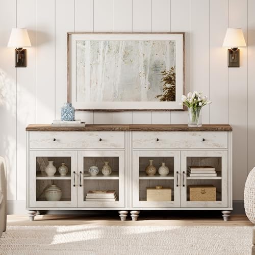 WAMPAT Sideboard Buffet Cabinets with Glass Doors, Kitchen Storage Cabinets, Wooden Coffee Bar Tables with Vintage Gourd Leg, Accent Sideboard Credenza Table for Dining Room, Living Room, Rustic White - Image 5