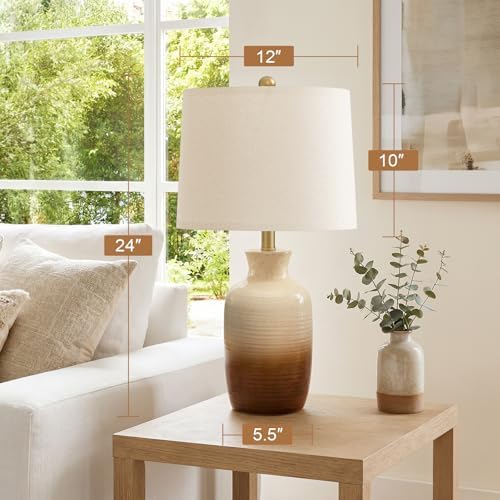 PoKat 24'' Farmhouse Handcrafted Table Lamp for Living Room, Rustic Ceramic Bedroom Lamps for Night Stands, Bedside Lamps with Soft Ombre Finish for Entryway Sideboard End Table (Beige and Brown) - Image 6