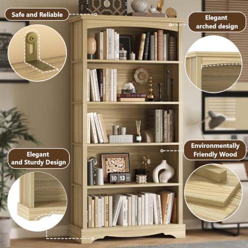 TVU 5-Tier Wooden Bookshelf, 65 Inch Tall Bookshelf with Storage, Floor Standing Modern Style Display Bookcase for Living Room, Office, Study Room, Entryway, Natural Wood Color - Image 5