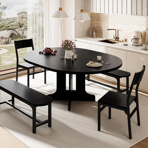 iPormis 5-Piece Round Dining Table Set for 4-6, 59" Extendable Dining Room Table Set with 2 Ergonomic Chairs & 2 Benches, Oval Modern Dinette Table with Metal Frame & MDF Board, Space-Saving, Black by iPormis