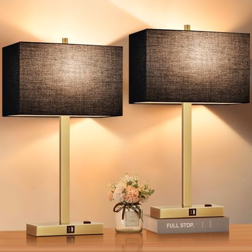 Lynnoland 21" Set of 2 Bedside lamp with USB A+C & AC Outlets, Touch Control 3-Way Dimmable Nightstand Lamps for Bedroom Living Room Office Reading, Black Shade Touch Lamps, 3000K LED Bulbs Included by BringBrightnesstoYourLife