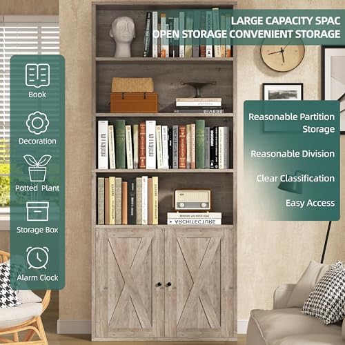 Shintenchi Bookshelf, Industrial Bookshelves and Bookcases with Doors Floor Standing 6 Shelf Display Storage Shelves 70.6 inches Tall Bookcase for Home Office, Living Room (Grey) - Image 4