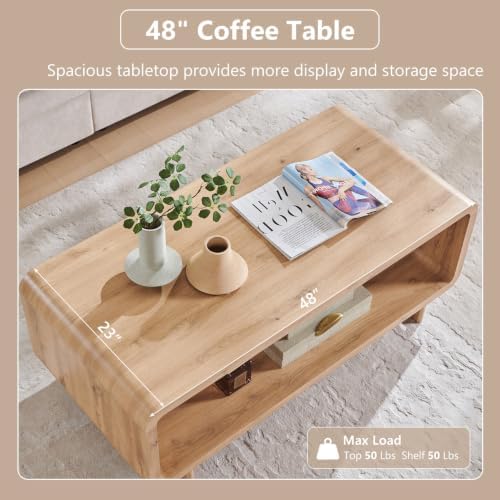 IFGET 48" Modern Coffee Table, 2-Tier Curved Center Table, Natural Oak - Image 4