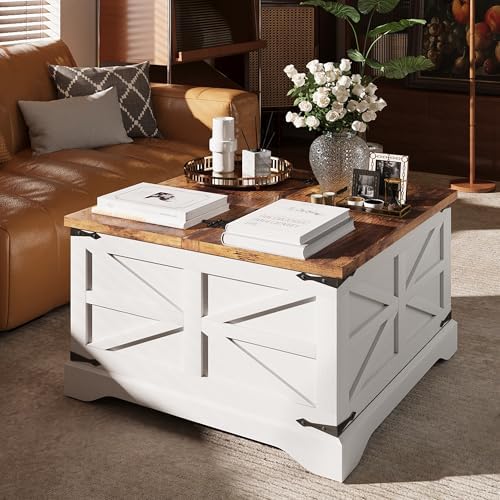 MXV Farmhouse Coffee Table with Storage, Square Coffee Tables for Living Room, Rustic Wood Center Table with Hinged Lifting Tabletop for Home, White by Unknown