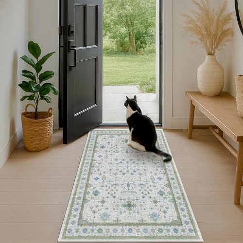 Hazo Haus Blue and Green Washable Rugs 3x6 - Vintage Boho Floral Pastel Cream, Washable Low Pile Non Slip Small Throw Accent Area Rug for Entry Way, Laudry Room, Kitchen, Bedroom Beside Bed Decor - Image 6