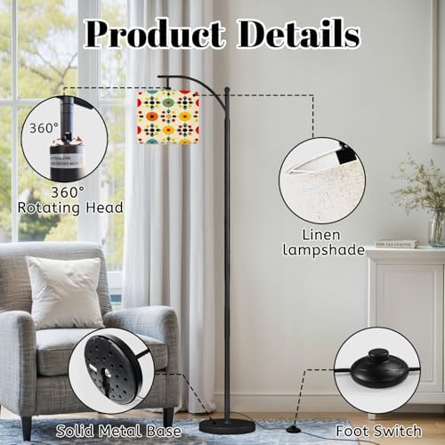 Arc Floor Lamp Mid century fifties modern retro colors seamless pattern collection Dimmable Modern Standing Lamp with Remote Adjustable Drum Shade Footswitch Tall Pole Lamp for Living Room Bedroom - Image 6