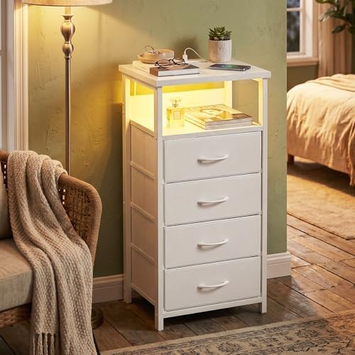 Fixwal Night Stand with Charging Station, White Led Nightstand, 4 Drawers - Image 2