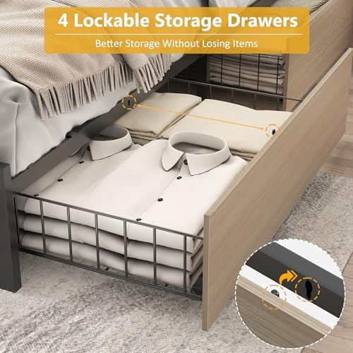 Lifezone Queen Bed Frame with 2-Tier Storage Headboard, Metal Platform Bed Frame with 4 Storage Drawers, Built in Charging Station & LED, Noise-Free/Metal Support/No Box Spring Needed, Beige - Image 6