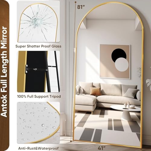 Antok 81" x41” Arched Full Length Mirror with Stand, Floor Mirror, Gold - Image 4