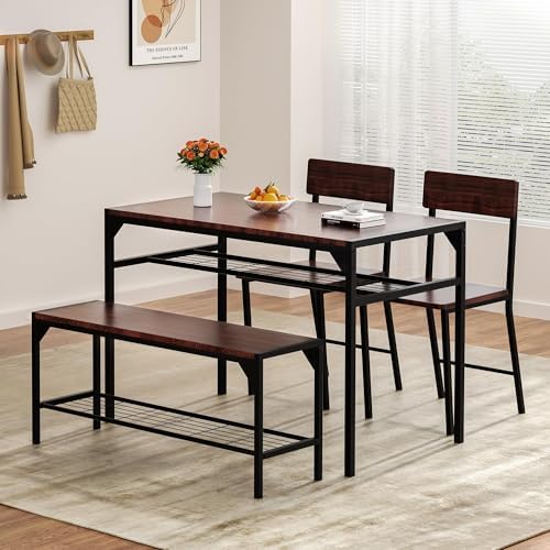 Shintenchi Dining Table Set for 4 with Bench and Chairs, Dark Walnut - Image 2