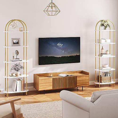 HOOBRO 5 Tier Open Bookshelf, Industrial Arched Bookcase Display Shelf Rack, Wooden Bookcase Storage Shelf Metal Frame, Tall Storage Organizer for Home, Easy Assembly, Gold DM176SJ01 - Image 4