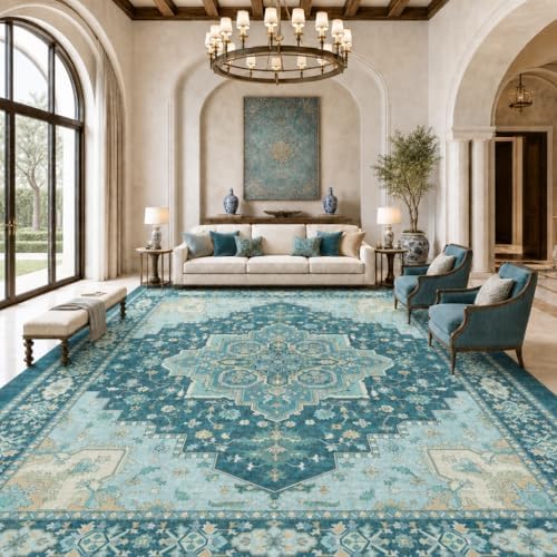Amada Vintage Washable Area Rug,9'x12',Teal Blue by AMADAHOMEFURNISHING
