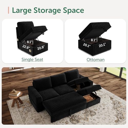 HONBAY Modular Sectional Sofa with Pull Out Bed,Corduroy L Shaped Sleeper Sofa with Storage, Sectional Couches for Living Room,Black - Image 5
