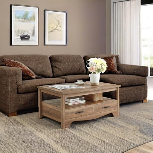 LINSY HOME Farmhouse Coffee Table with Storage, Wood Coffee Table for Living Room, Open Display Area and Storage Drawers with Metal Handles, Chic Style with Curved Base, Brown - Image 6