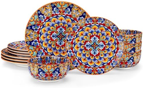 vancasso 12 Pieces Dinnerware Sets, Orange Plates and Bowls Set, Porcelain Dishes Set for 4, Microwave and Dishwasher Safe, Scratch Resistant, Bohemian Style Dining Ware Service for 4, Series SIMI by vancasso