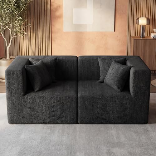 MONVANE 75" Loveseat Sofa, Comfy Chenille Modular Sectional Sofa with 4 Pillows, Modern Deep Seat Boneless Couch, 2 Seater Sofa for Living Room, Bedroom and Apartment, Black - Image 5