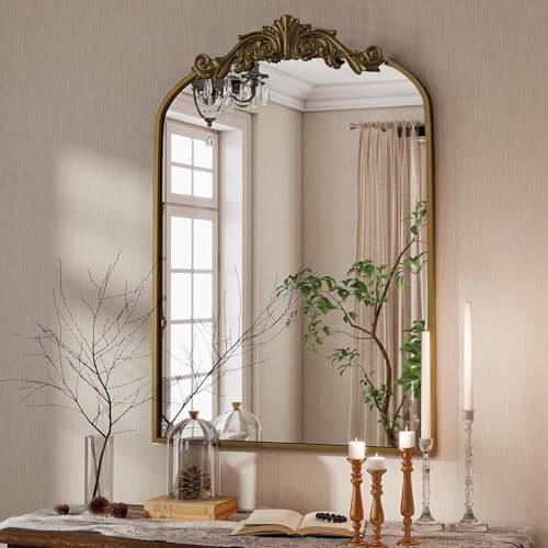 Dewfig Vintage Arched Wall Mirror, 36"x24" Antique Bronze Bathroom Mirror - Image 5