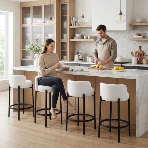 LukeAlon Modern PU Leather Counter Stools Set of 2, Upholstered 26" Seat Height Barstools with Black Metal Legs Round Low Back Kitchen Stools with Footrest for Dining Room Small Places, Cream White - Image 3
