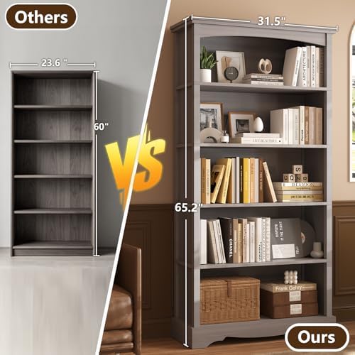 TVU 5-Tier Wooden Bookshelf, 65 Inch Tall Bookshelf with Storage, Floor Standing Modern Style Display Bookcase for Living Room, Office, Study Room, Entryway, Grey - Image 6