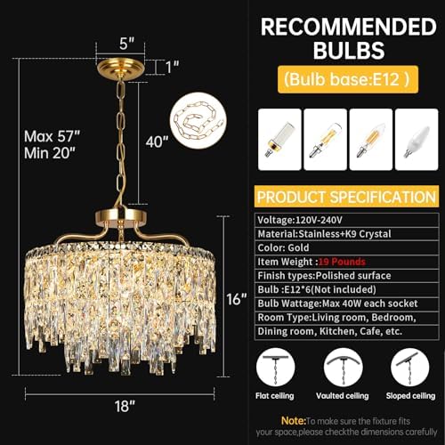 Modern 18" 6-Lights Modern Gold Crystal Chandeliers for Dining Room - Image 5