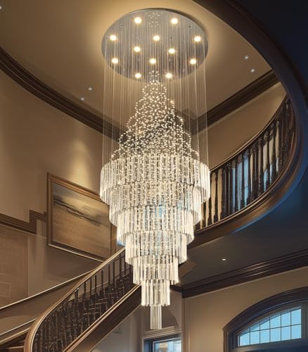 HAIXIANG W32 x H120 Glam Chandelier with LED Bulbs Crystal Raindrop High Ceiling Pendant Light for Entrance Large Villa Chandelier Foyer Lighting Fixtures Silver by HAIXIANG
