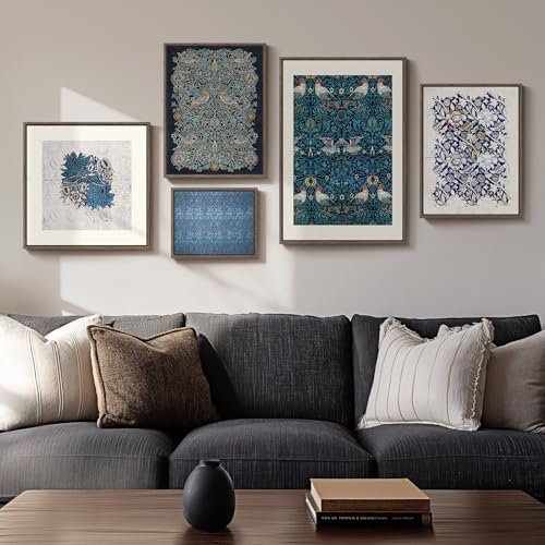 Framed William Morris Vintage Blue Canvas Wall Art for Living Room, 5 Piece by Cuspin
