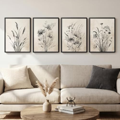 Framed Vintage Floral Botanical Wall Art for Living Room, 4 Piece 12x16 In by Cuspin