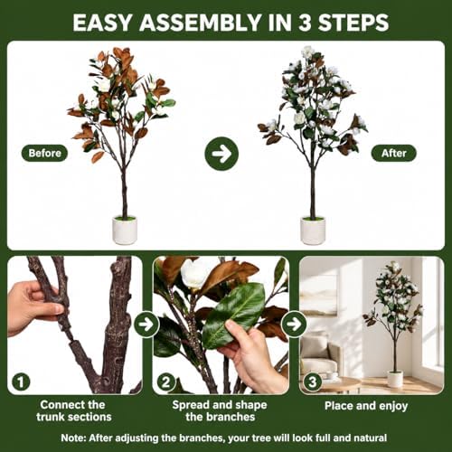 6ft Faux Magnolia Flower Tree Indoor Artificial White Floral Tree with Easy Plug-in Assembly, Realistic Large Fake Greenery Floor Plant for Modern Farmhouse Home Corner Office Decor - Image 4