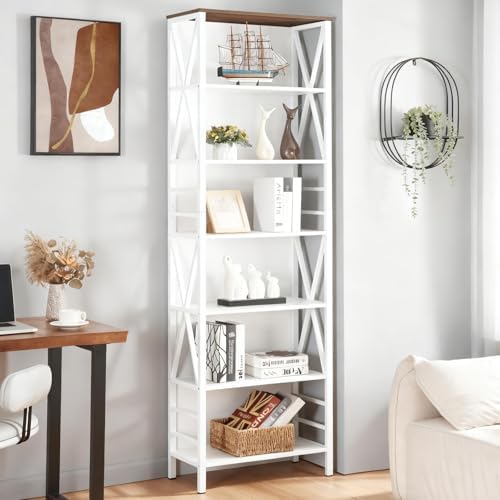 HOMISSUE Bookshelf, 7-Tier Bookshelf, Rustic Wood Metal Bookshelves and Bookcases, Freestanding Open Bookshelf, Industrial Tall Bookcase for Home Office, Living Room and Bedroom, White - Image 4