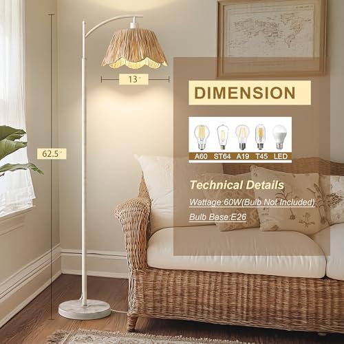 Oneach Farmhouse Floor Lamps for Living Room, Boho Floor Lamp for Bedroom with Foot Switch, Rattan Floor Lamp for Reading with Hand-Woven Shade, Antique White Metal Base & Pole - Image 3