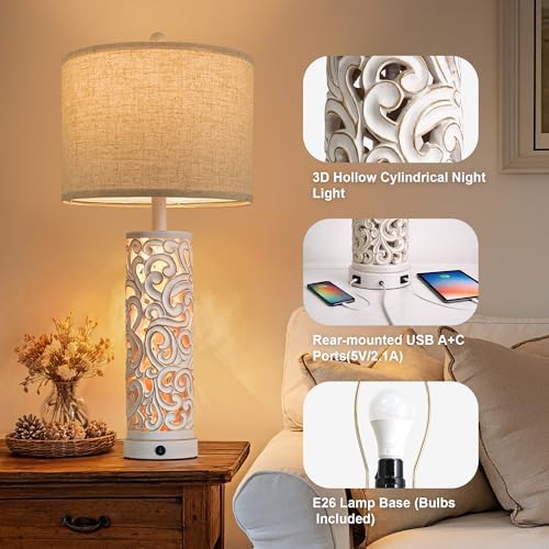 OYEARS 2-in-1 Light Table Lamp Set of 2 for Living Room, 28.5" Farmhouse Bedside Lamps with USB Charging Port, Main&Night Light & Dual Switches, Nightstand Lamp for Bedroom Home Office(Bulb Included) - Image 4